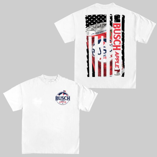 Busch Light Apple US Flag T-Shirt | Patriotic Beer Graphic Tee for Summer - Image 2